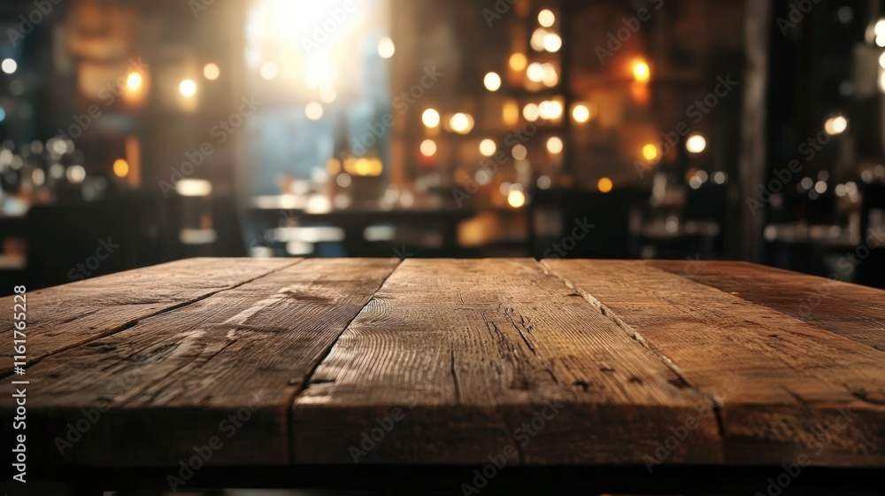 Poster a rustic wooden table in a dimly lit, atmospheric setting with warm lights, creating a cozy and invi