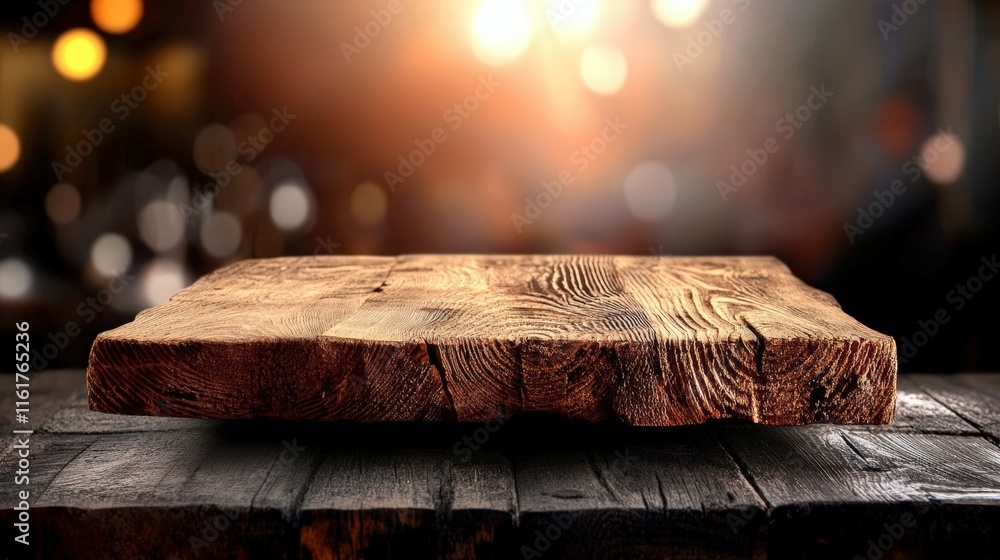 Poster a rustic wooden slab sits on a dark surface, illuminated by warm, blurred lights in the background, 