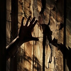 Frantic Hand Reaches Through Broken Wood Boards in Dim Light