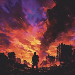 Obraz premium Lone Figure Observing Crumbling Cityscape at Dusk with Dramatic Skies