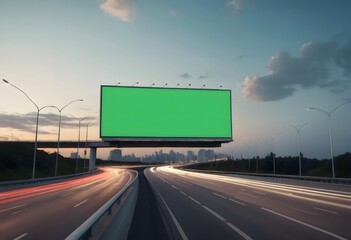 Large green screen billboard stands over busy highway at dusk with light trails and city skyline