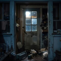 Safe House Doorway with Scattered Supplies in a Dimly Lit Room