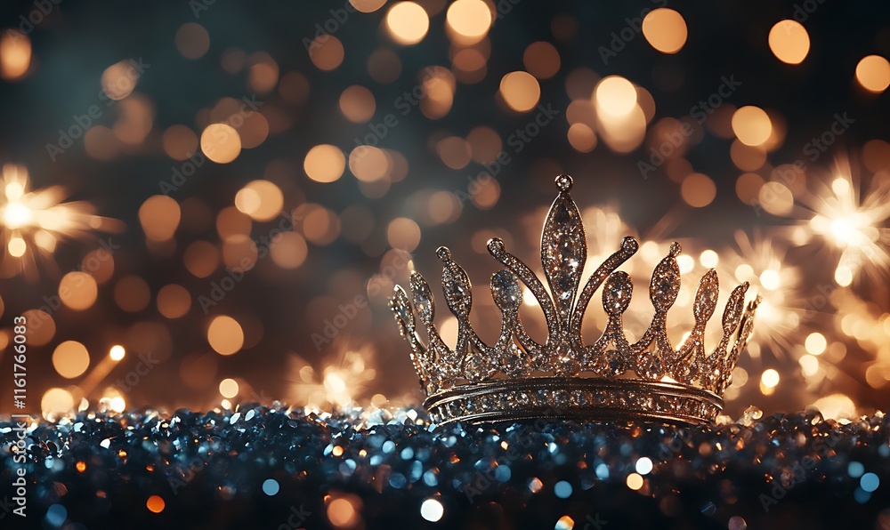 Poster a sparkling crown resting on a glittery surface with a bokeh background.