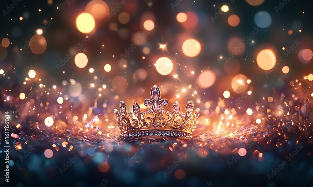 Poster a sparkling crown surrounded by shimmering lights and bokeh effects.