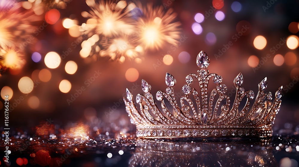 Poster a sparkling crown surrounded by festive bokeh and fireworks.