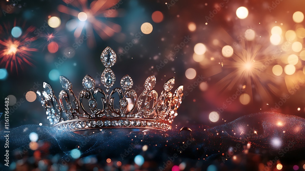 Poster a sparkling crown surrounded by colorful bokeh and fireworks.