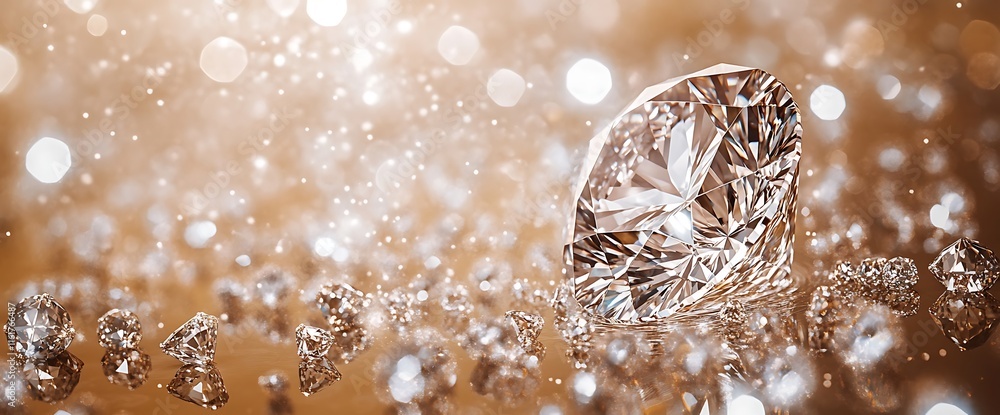 Poster a sparkling diamond surrounded by smaller gems on a shimmering background.