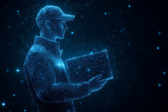 A modern vector illustration of a delivery man holding a box, dressed in a sleek uniform and cap. The design emphasizes efficiency, professionalism, and reliability in delivery services