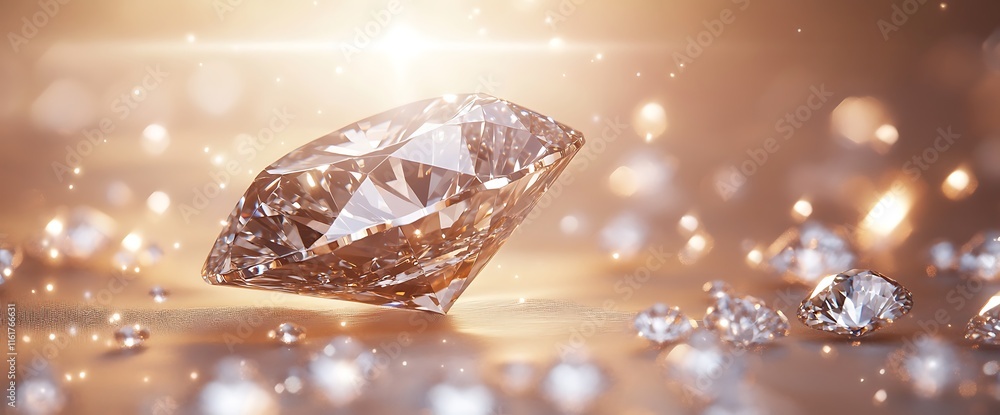 Poster a sparkling diamond surrounded by smaller gems, illuminated by soft light.