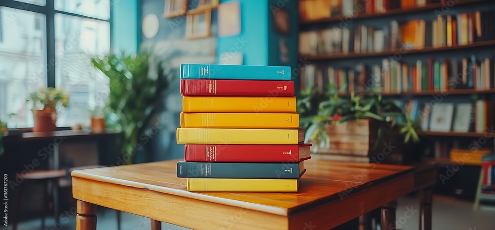 Poster a stack of colorful books on a table in a cozy library setting.