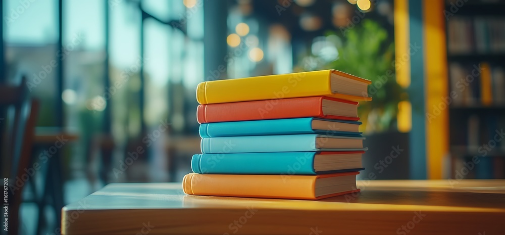 Aufkleber a stack of colorful books on a table in a cozy library setting.