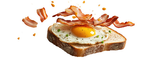 Three slices of bread with a fried egg and bacon on top