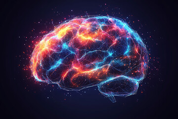 Vector illustration of a human brain with glowing neon colors and intricate lines on a dark blue background. This concept represents advanced neuroscience and technology