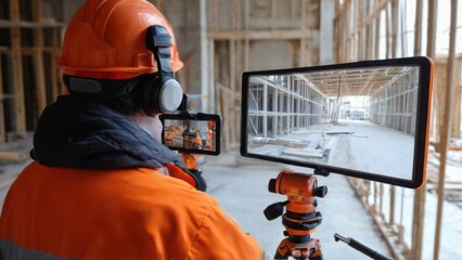 Construction Worker Recording Video of Building Under Construction with Camera on Tripod in Front of Large Screen.