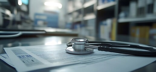 A stethoscope rests on medical documents in a clinical setting.