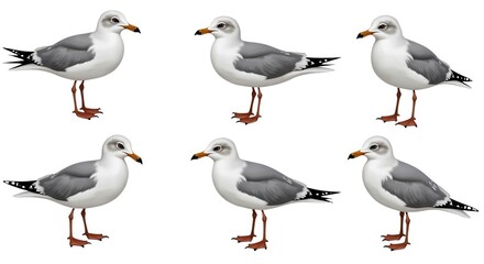 Obraz premium Detailed Seagull Illustration Collection Set with Six Unique Poses on White Background