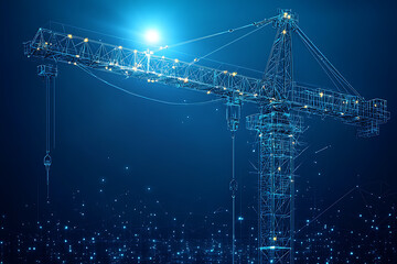 A detailed vector illustration of a tower crane, showcasing its robust structure and intricate details. The design emphasizes construction, engineering, and industrial progress