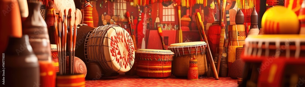Poster a vibrant display of traditional musical instruments in a colorful setting.