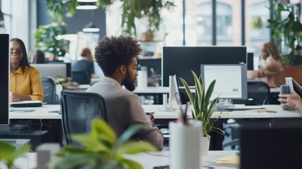 A diverse group of people in a creative workspace, collaborating on innovative ideas and projects.
