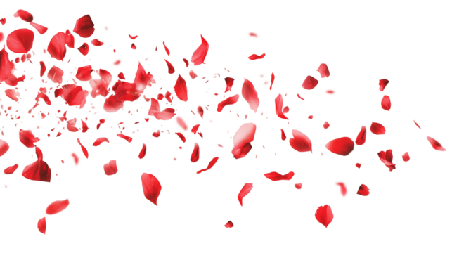 Red rose petals blowing in the air. Movement and natural flow with isolated against transparent background