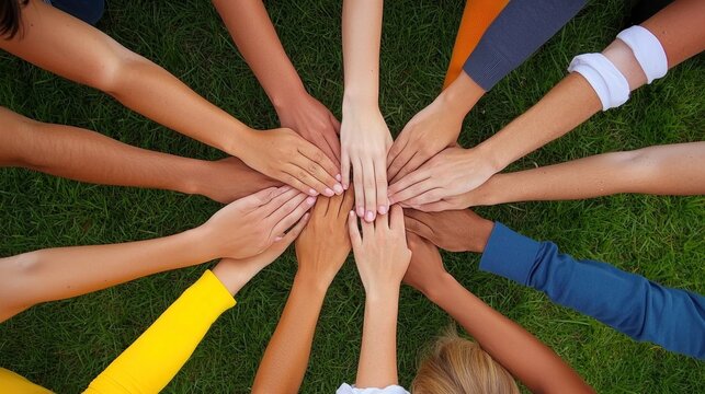 A diverse group of people holding hands in a circle, signifying shared values and unity.