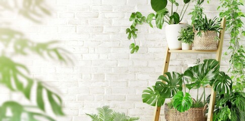 Diverse plant decorations on bookcase against white backdrop