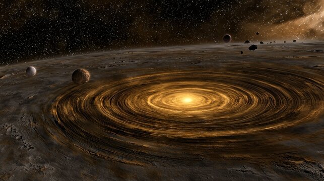 A vibrant, swirling protoplanetary disk around a young star, with orbiting planets and asteroids.