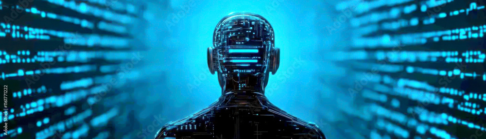 Poster a futuristic robot with glowing circuitry, representing ai progress.
