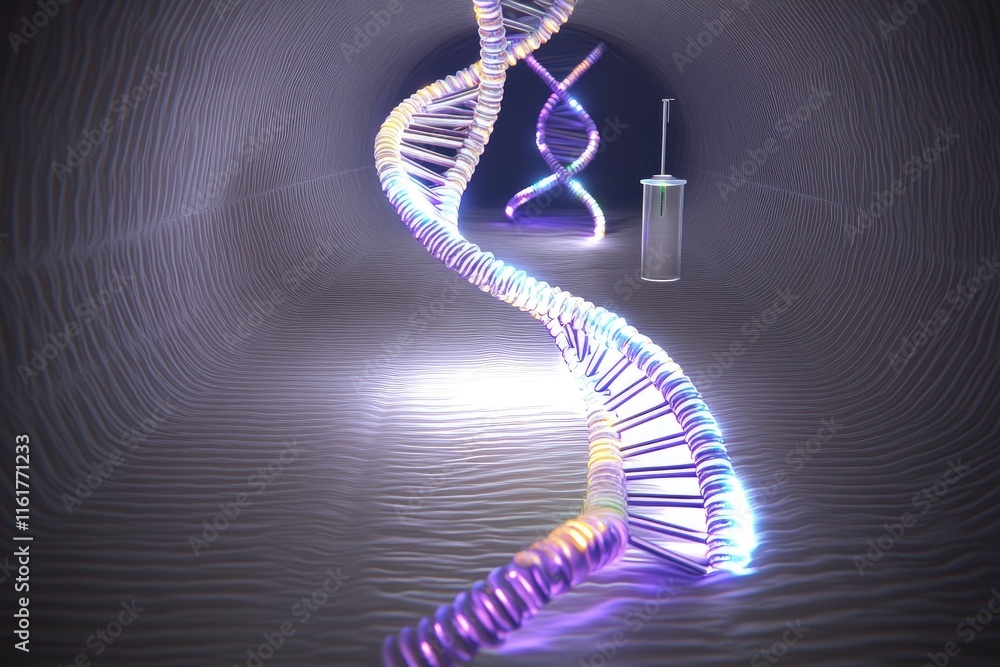 Poster a stylized representation of dna within a futuristic tunnel environment.