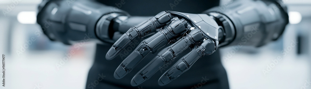 Aufkleber close-up of a futuristic robotic hand displaying advanced technology.