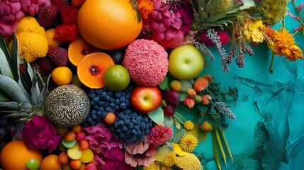 Vibrant assortment of fresh fruits and flowers.
