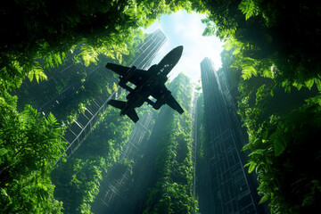 Naklejka premium An airplane flying through a lush green jungle canopy.