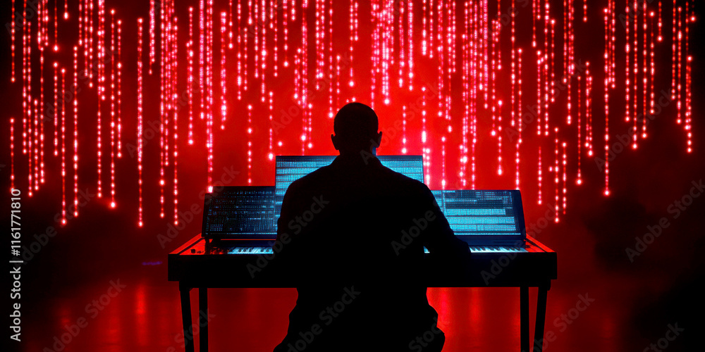Poster silhouette of a person in front of computer screens with red lights.