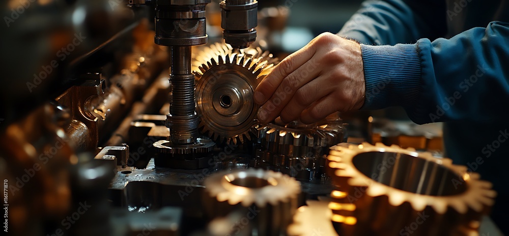 Poster a technician assembling gears in a mechanical workshop.