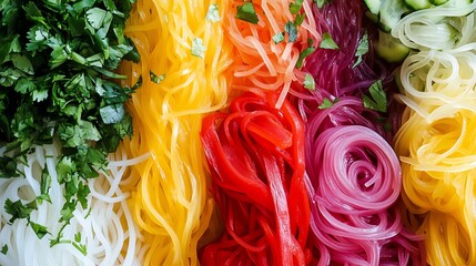 Vibrant noodles with fresh herbs and vegetables.