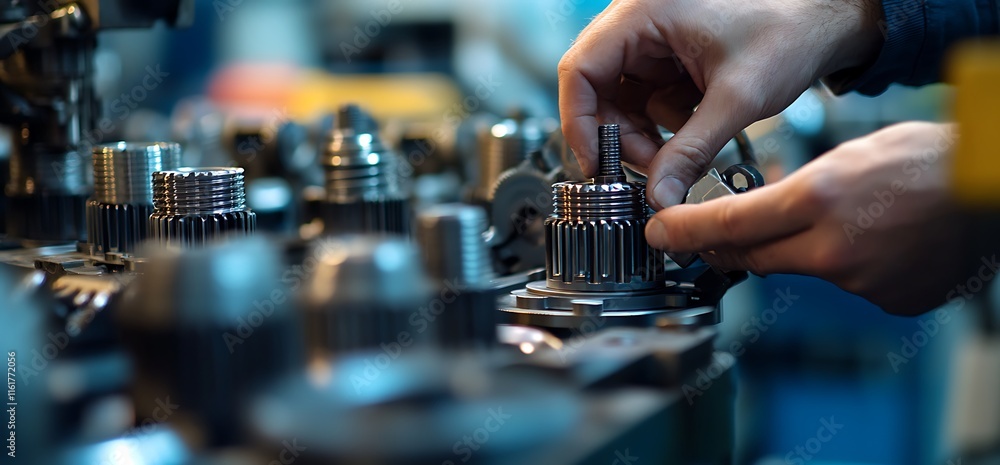Poster a technician assembling mechanical parts in a workshop environment.