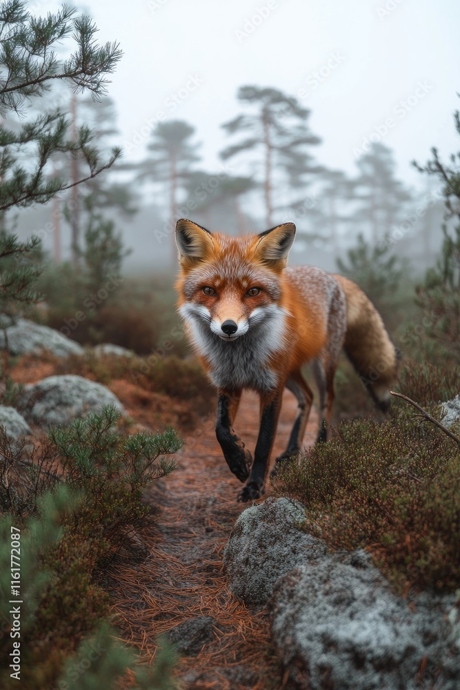 Aufkleber a fox walking through a misty forest path surrounded by trees and rocks.