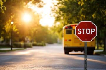 Vibrant yellow school bus with red stop sign parked on the street