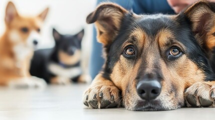 A dog lying down with a sad expression as it watches its owner interact with other pets.