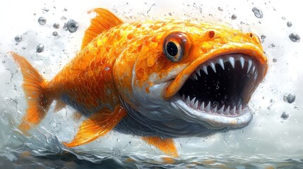 Fierce orange fish with sharp teeth leaping from water.