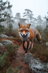 Obraz premium A fox walking through a misty forest path surrounded by trees and rocks.