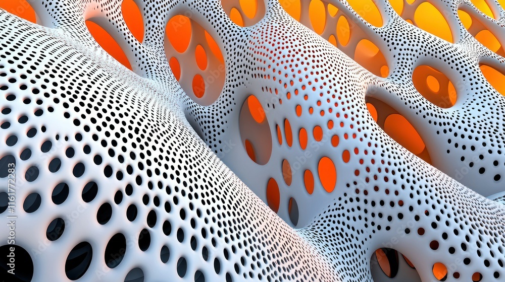 Poster abstract 3d rendering of a white porous structure against an orange background.