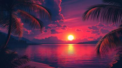Stunning tropical sunset with a palm tree silhouette and panoramic ocean view