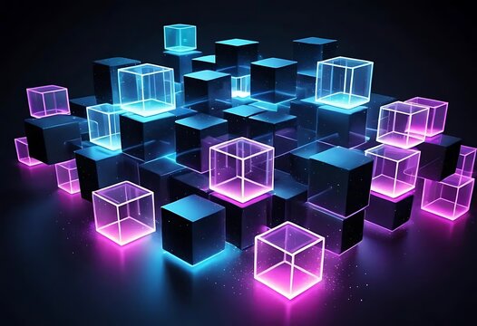 Fototapeta Glowing Neon Cubes Abstract Digital Art