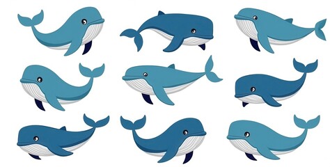 Obraz premium Whimsical Whale Illustrations Set Featuring Cute Cartoon Style - Perfect for Children's Designs and Educational Projects