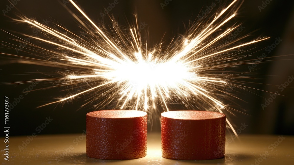 Poster two red cylindrical objects with sparks erupting between them, suggesting a scientific experiment.