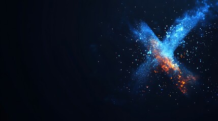 Abstract fiery blue and orange X shape particle design.