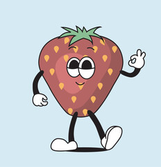Cheerful cartoon strawberry character with a smiling face, walking pose, and making an OK hand gesture, isolated on a light blue background. Flat cartoon vector illustration