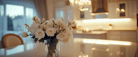 A vase of white roses on a kitchen table, creating a serene atmosphere.
