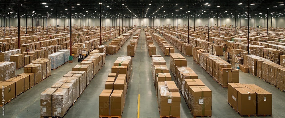 Poster a vast warehouse filled with neatly stacked cardboard boxes for storage.